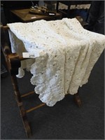 NICE CROCHETED TABLECLOTH & QUILT RACK