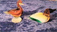 two art glass paper weight duck shaped
