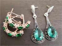 2 Pairs Marked 925 Earrings w/ Green/Clear Stones