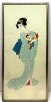 Japanese Geisha Gouache On Silk Painting