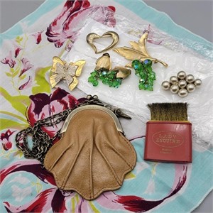 VINTAGE LEATHER COIN PURSE, EARINGS & BROOCHES,