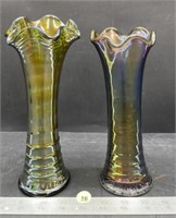 2 Carnival Glass Fluted Vases (9.5" & 8.5"H).