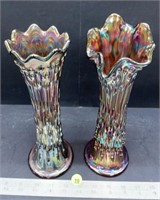 2 Carnival Glass Fluted Vases (10.5". 11"H).