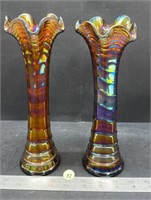 2 Carnival Glass Fluted Vases (10.5"H). (M103)