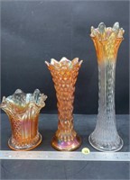 3 Carnival Glass Fluted Vases (5", 9" & 12"H).