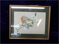 Signed, Framed Watercolor of a Robin