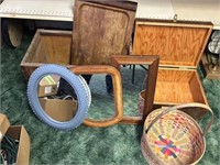 Two wood boxes, three mirrors, basket