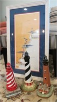 Signed Lighthouse print and 3 lighthouses