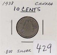 1938 Canada 10 Cents XF-0.800 Silver