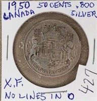 1950 Canada 50 Cents -no lines in O XF-0.600 Silvr