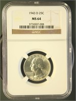 US Coins 1943-D Washington Quarter MS64 NGC