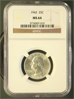 US Coins 1943 Washington Quarter MS64 NGC