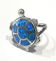 ADORABLE BLUE FIRE OPAL STERLING TURTLE ACCENT RNG