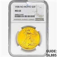 1908 $20 Gold Double Eagle NGC MS63 No Motto