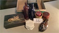 2 Wooden boxes , wooden duck, two glass bottles,