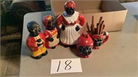 African American figurines, 2 cups, 2 piggy bank