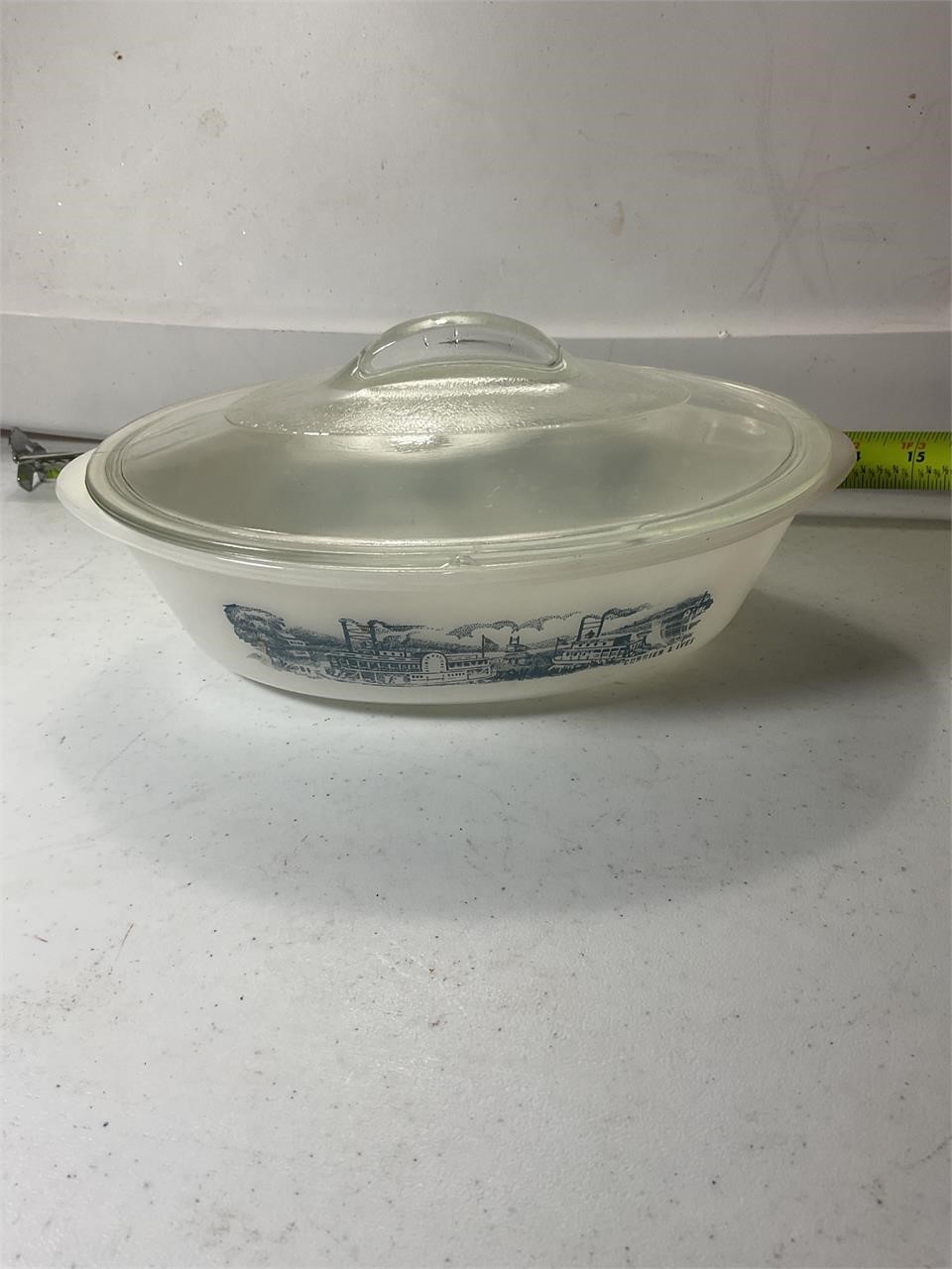 Currier & Ives Milk Glass Casserole Dish