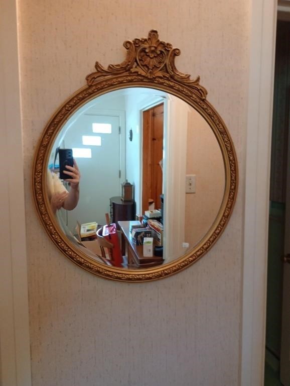 Great Hollywood Regency beveled mirror, 24" dia.,