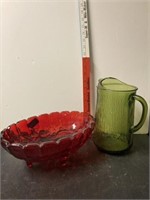 Red Glass fruit bowl and green glass pitcher