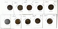 (10) 1907 Indian Head Cent Penny Lot