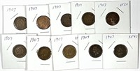 (10) 1907 Indian Head Cent Penny Lot