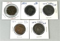 Lot of 5 Large One-Cent Coins.