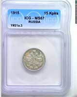 1915 15 Kopeks ICG MS67+ Russia