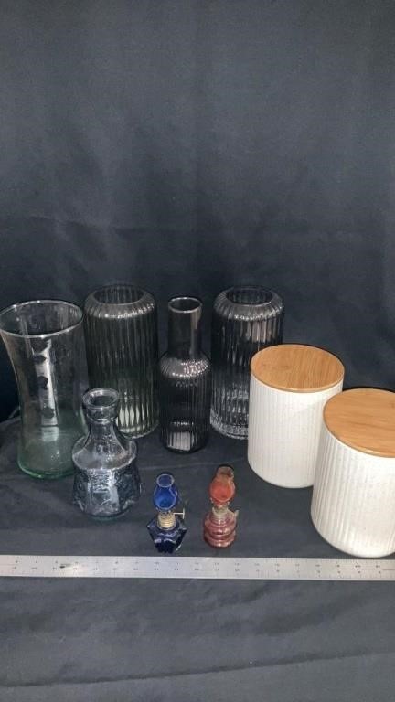 Vases, mini oil lamps, ceramic canisters with