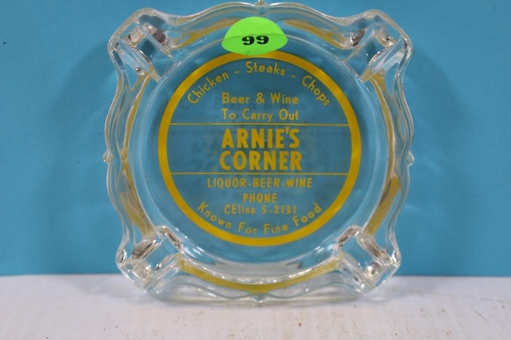 ARNIE'S CORNER GLASS ASH TRAY CELINA OH
