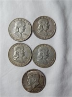 (5) Franklin Kennedy Half Dollars 90% Silver