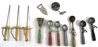 13 Vtg. Ice Cream Scoops, Skewers, Choppers+++