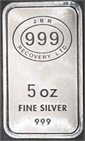 (1) 5 OZ .999 SILVER JBR RECOVERY LTD BAR