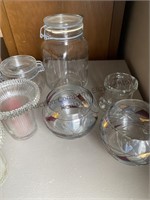 Two box lot of storage jars, candle holders,
