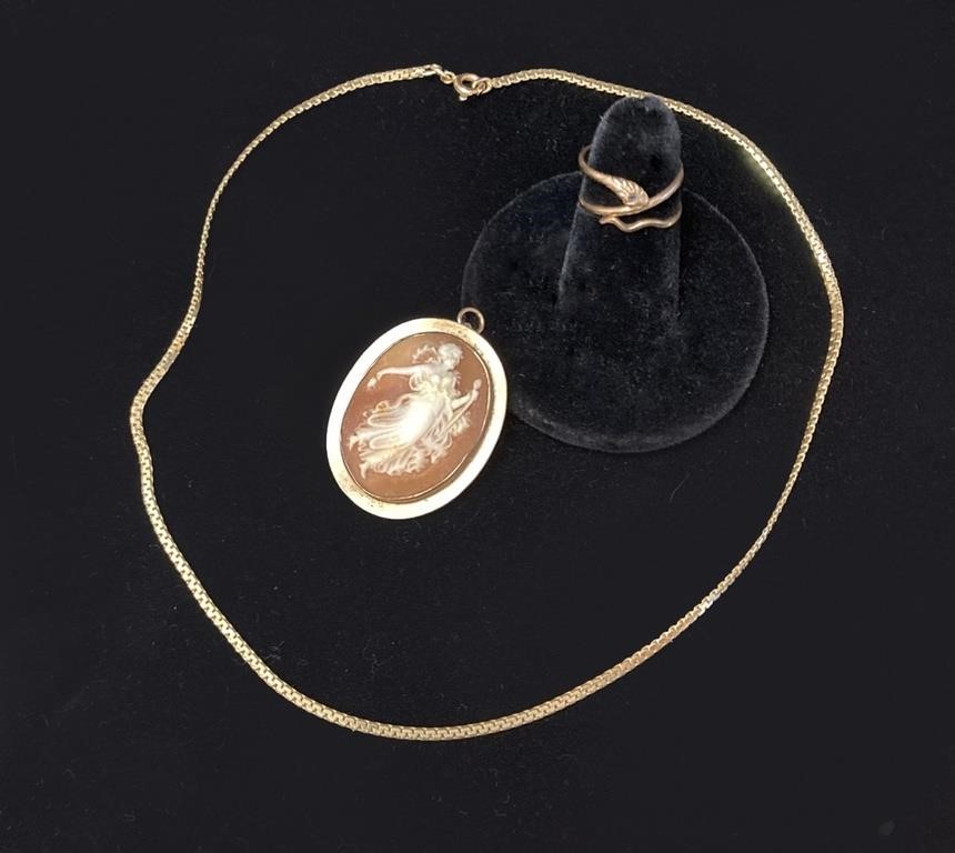 14K GOLD LOT - NECKLACE, CAMEO & SNAKE RING