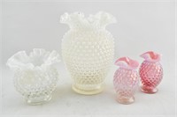 4 Pink & White Glass Hobnail Vases