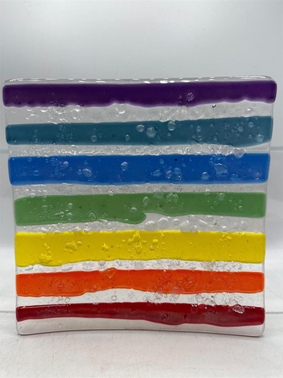 Signed art glass rainbow dish