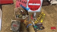 2 Metal Signs & Box of Misc. Tools, Levels,