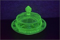 Jeannette Doric Uranium Glass Covered Dish