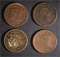 1851 F, 53 VG, 55 F,  & 56 FINE+ LARGE CENTS