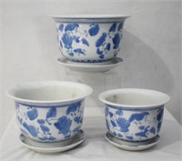 3 Graduated Porcelain Planters With Saucers