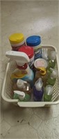 Assorted hand soaps, cleaners, disinfectant wipes