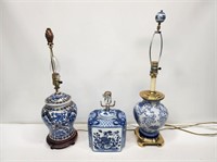 3 Blue and White China Table Lamps