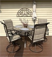 Patio Table, 4 Chairs, Umbrella, Plant, Wall