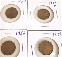 1937, 1937 D, 1938, 1939 Lincoln Wheat Pennies