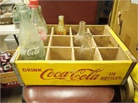 Wooden Coca Cola Crate w/ (4) Coke Bottles -
