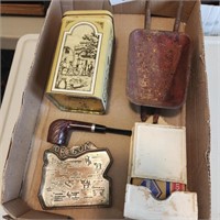 Vintage Matchbox Holder w/ matche, Ashtray, Pipe