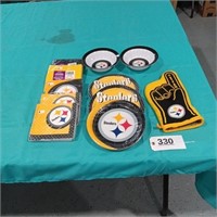 Steeler plates, napkins, bowl, oven mit