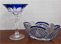Cut Glass Crystal Cobalt Blue Martini Glass & Dish