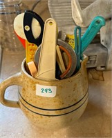 stone ware crock w/ kitchen utensils