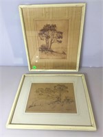 Pair of vintage pencil sign etchings, approx